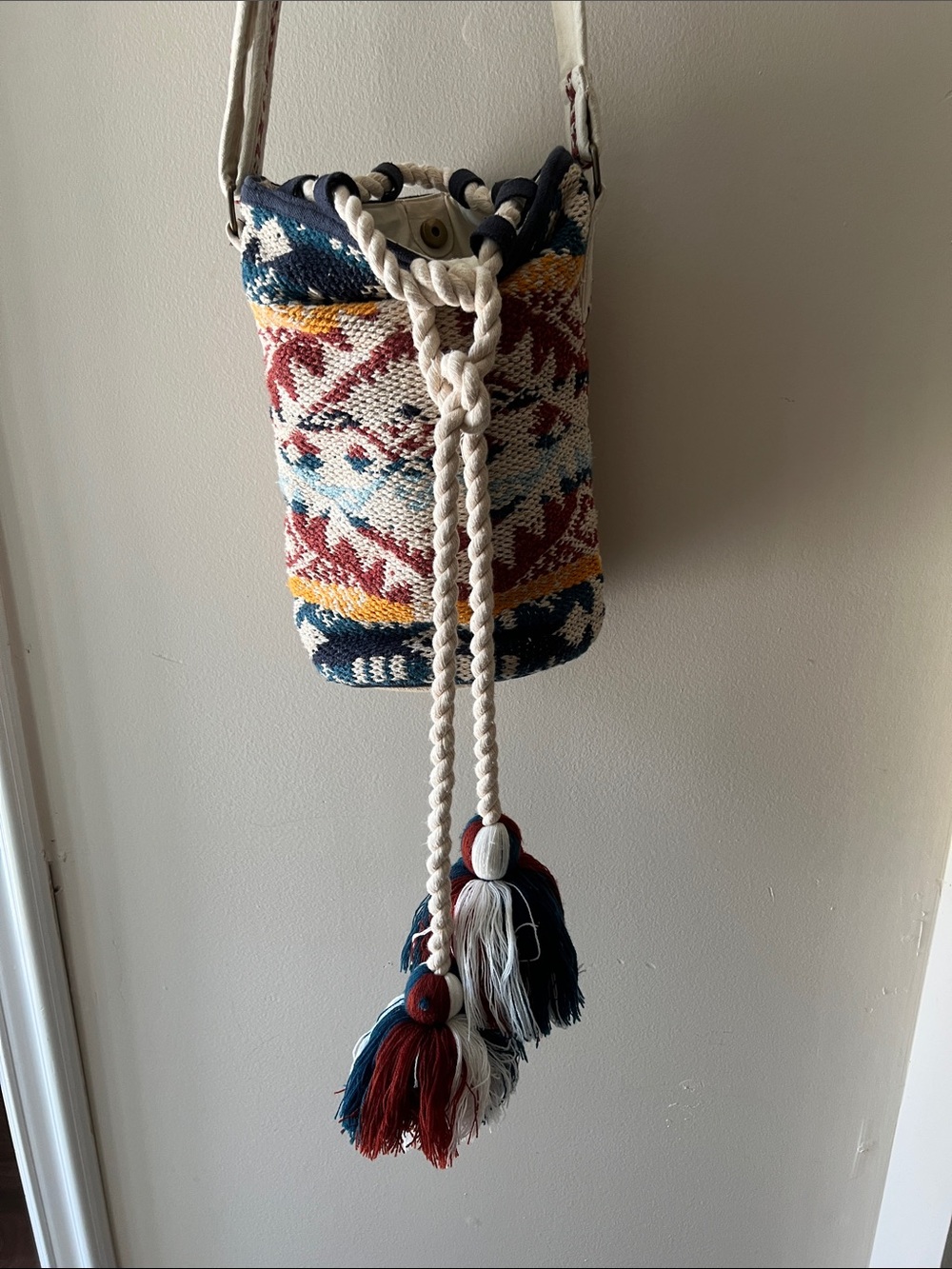 Handwoven Boho Bucket Bag in Red, Blue & Cream